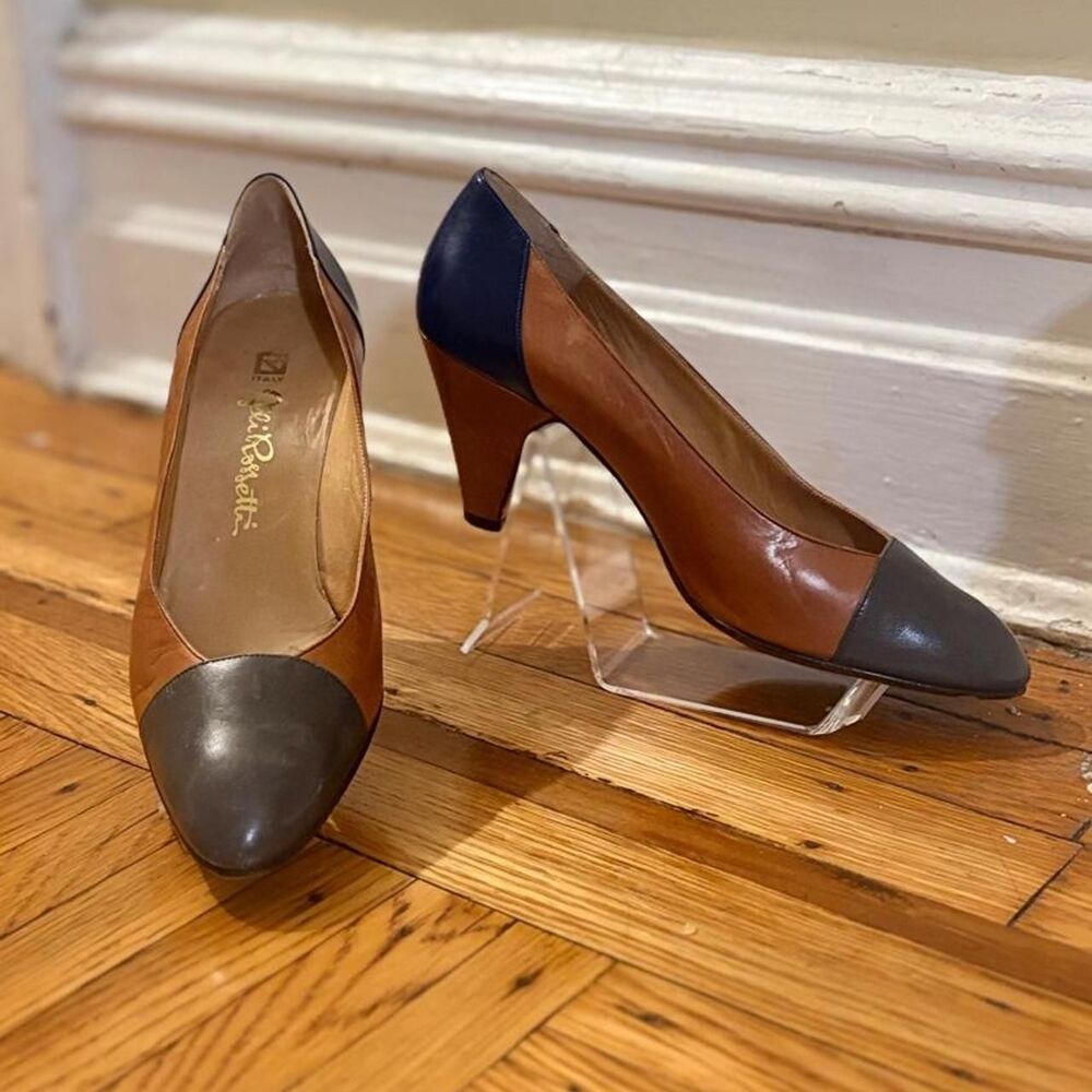 Vintage 80s Italian Leather Tan & Blue Pumps Fratelli Rossetti IT 35.5 / US 5